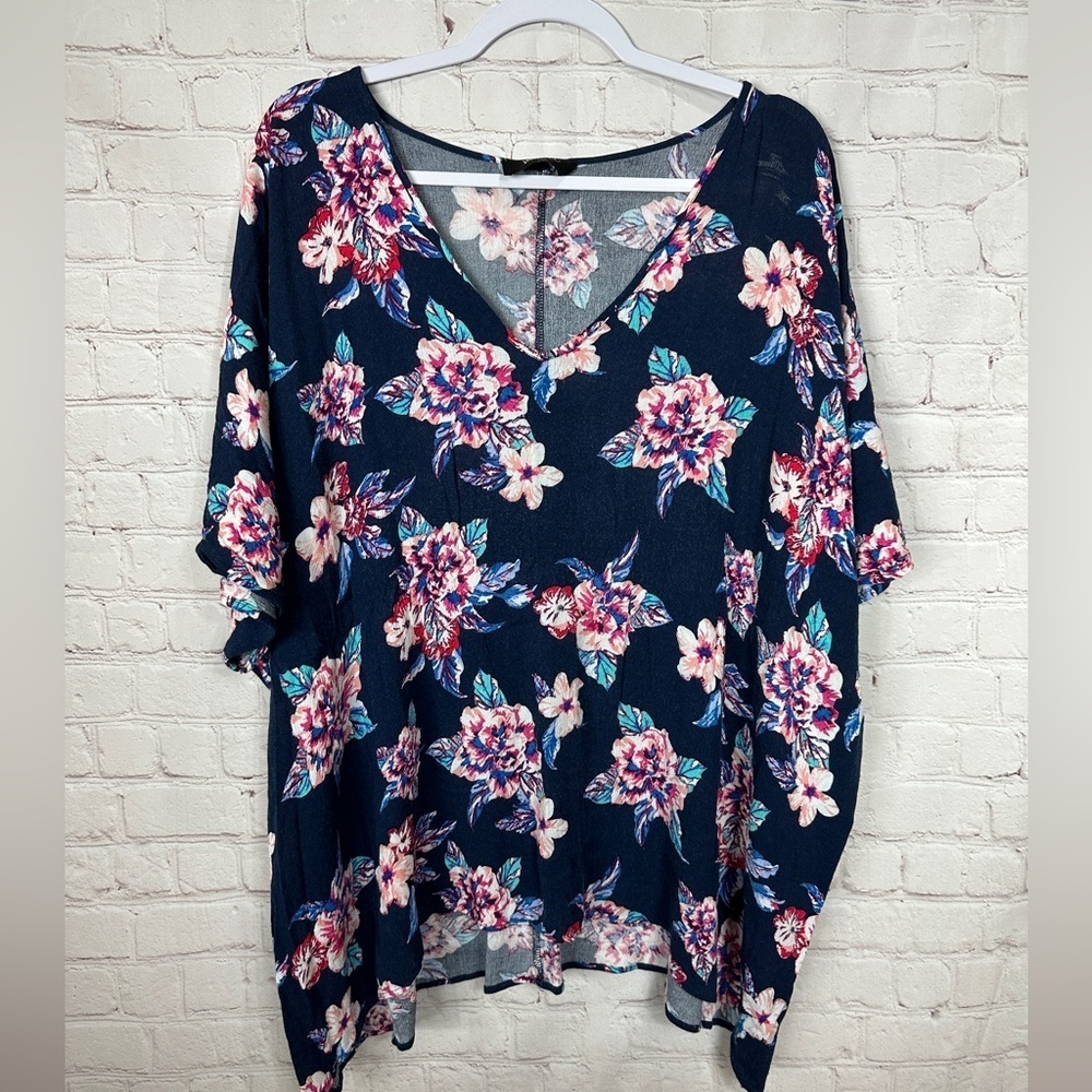 Meritt blue floral print popover‎ v-neck blouse oversized o/s